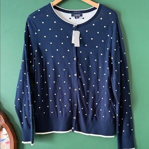 Lands' End Navy & Whit Polka Dot Womens XL 100% Supima Cotton Cardigan NWT